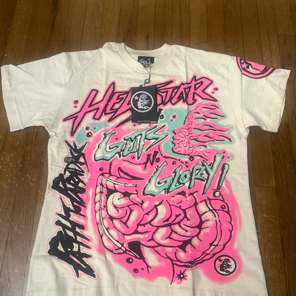Other - Hellstar ‘No Guts No Glory’ White Graphic Tee with Pink and Black Design